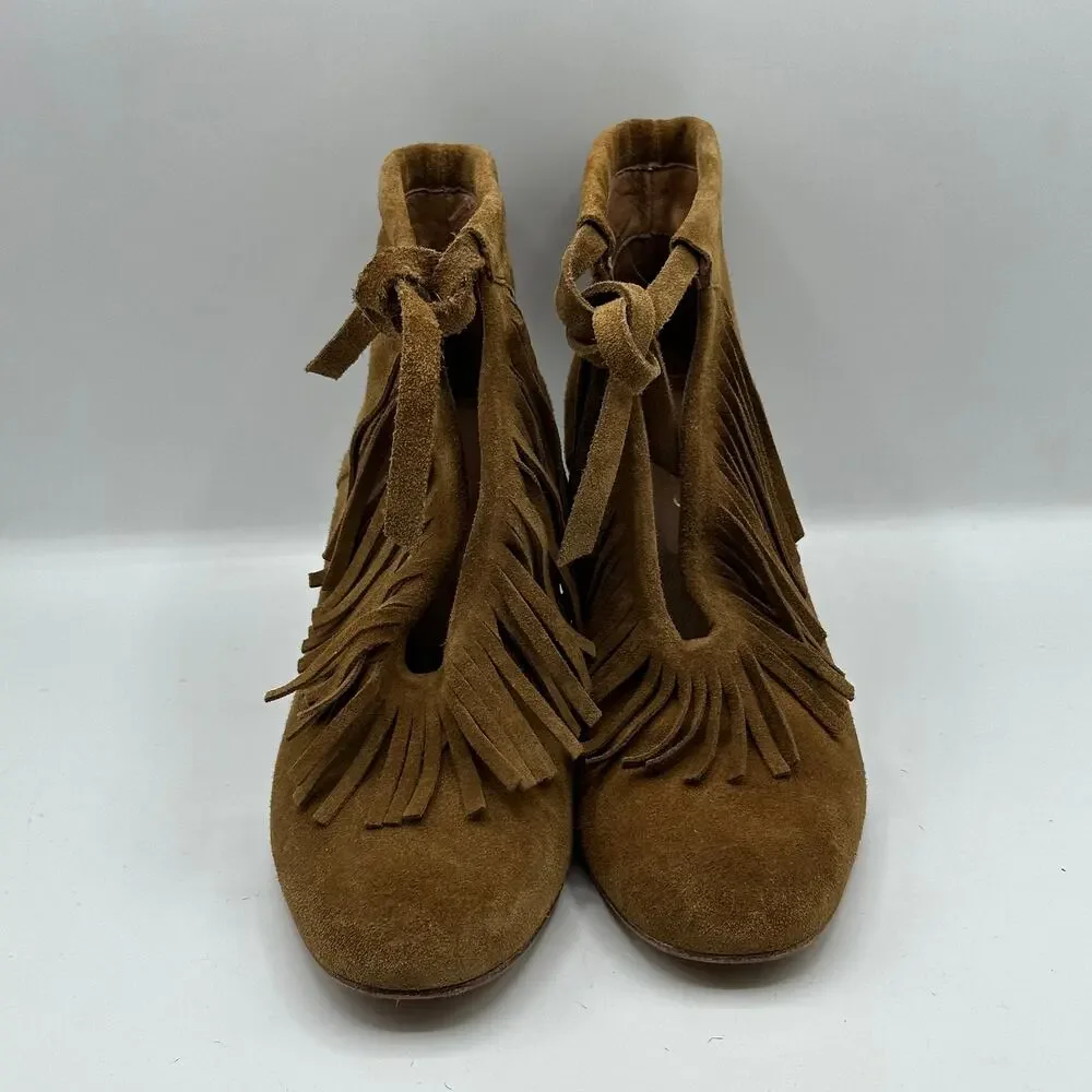 MAJE Suede Leather Fringe Tassel Kitten Heel Boots Camel Tan - Picture 3 of 8
